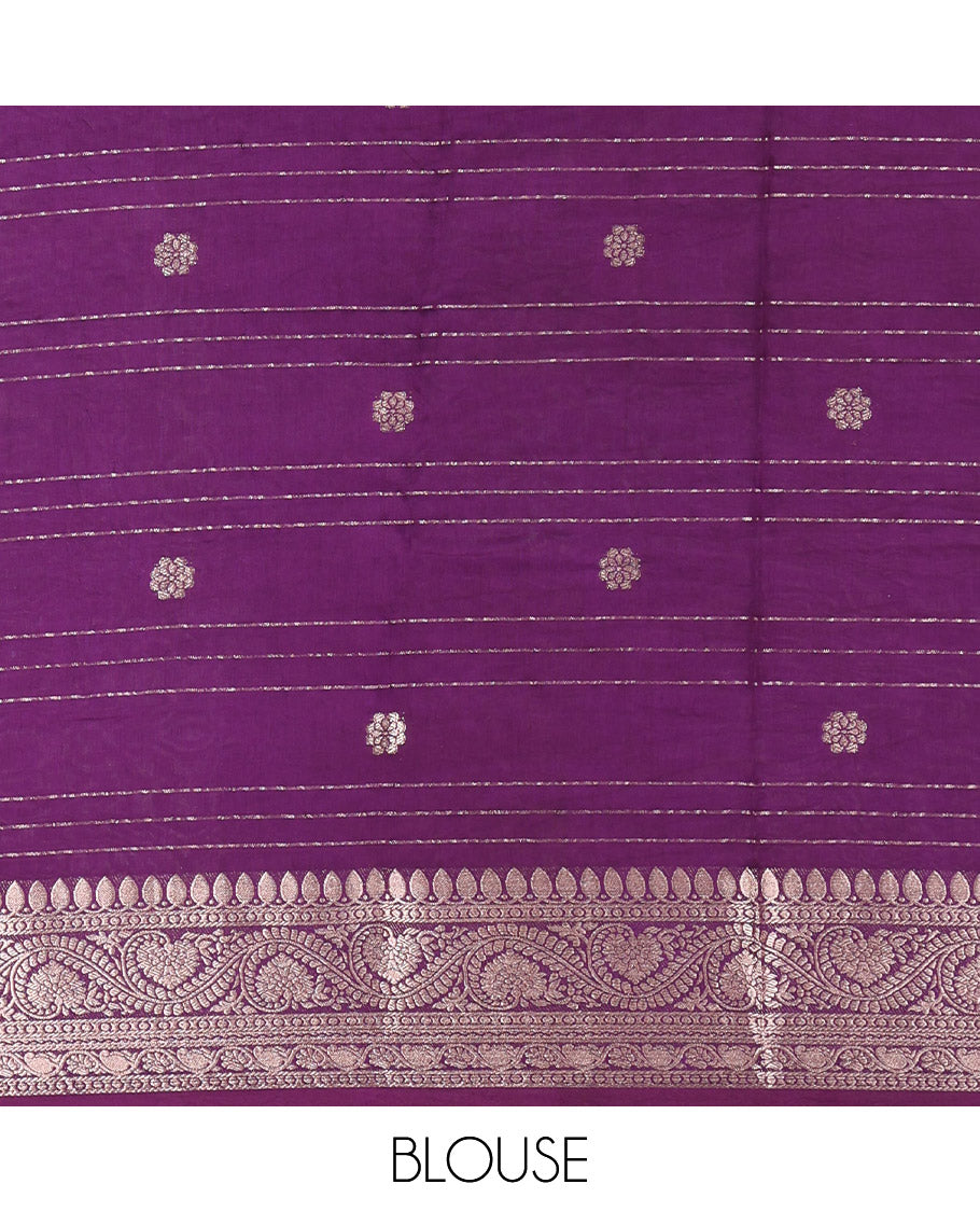 Lavender Assam Silk Saree, Decked Up with Zari Buttas and Stripes, Complemented by Contrast Floral Creeper Zari Border, Zari Woven Pallu, and Contrast Blouse