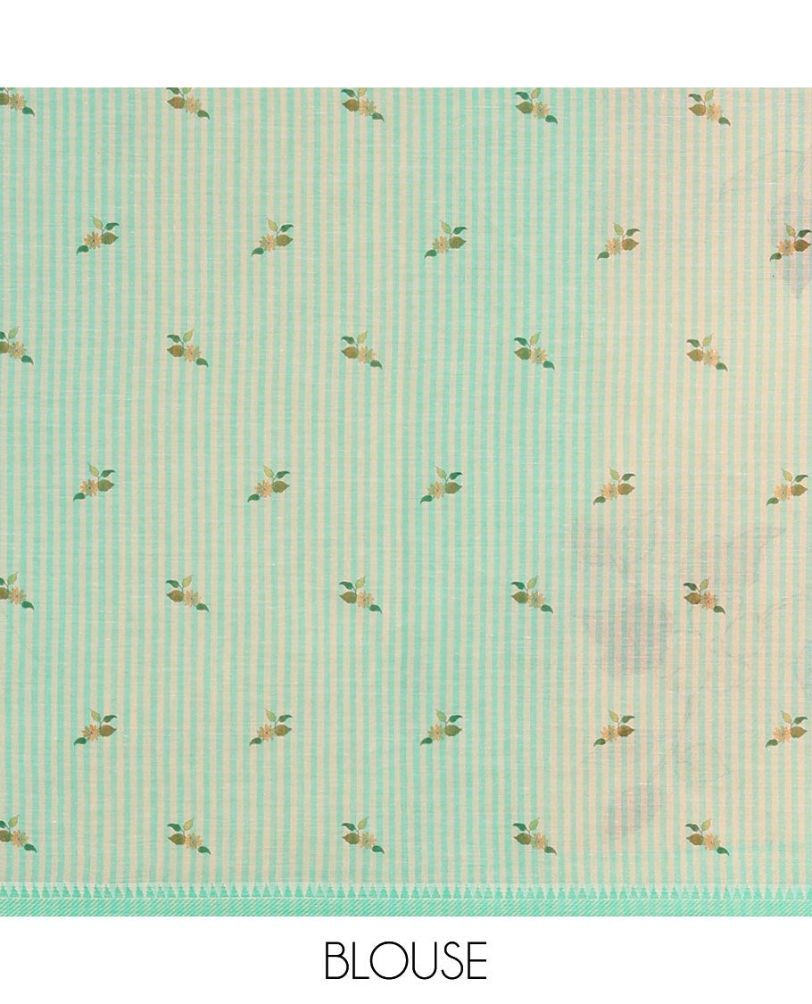 Chikku-green macow parrot and floral printed Mangalgiri cotton saree, contrast thread traditional border, astriped pallu, and floral-stripes printed blouse