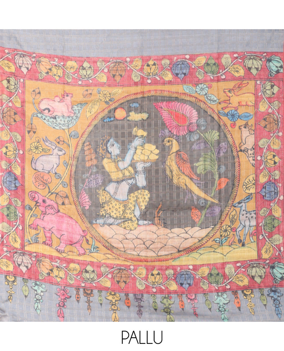 Grey Fancy Tussar Silk Saree, Accentuated with Checked Design, Contrast Zari Piping Border, Kalamkari Pallu, and Contrast Kalamkari Printed Blouse