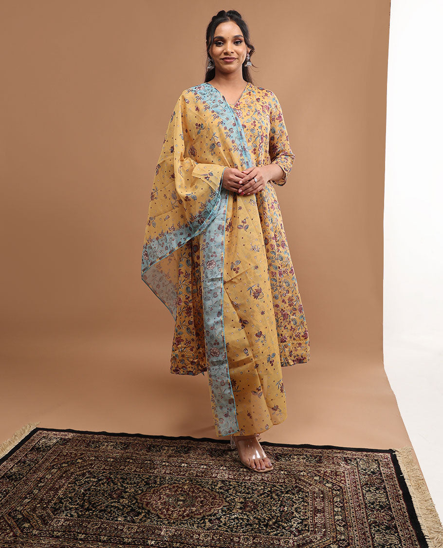 Mustard floral design v neck, 3/4 th sleeve, below knee lenght top with straight pants & floral printed dupatta