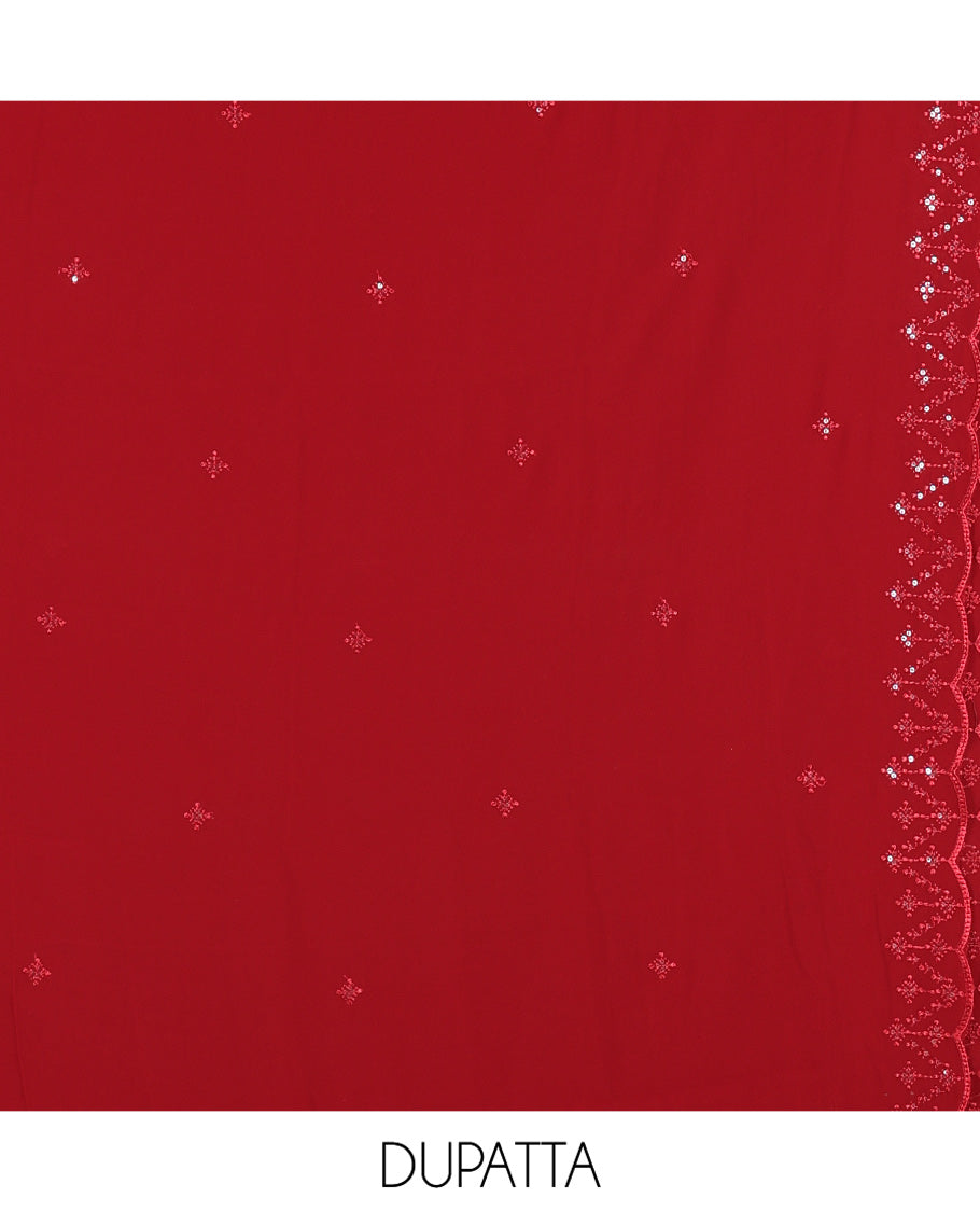 Maroon Georgette Material Churidar, Woven with Sequins Embroidered Top, a Matching Bottom, and Embroidered Dupatta