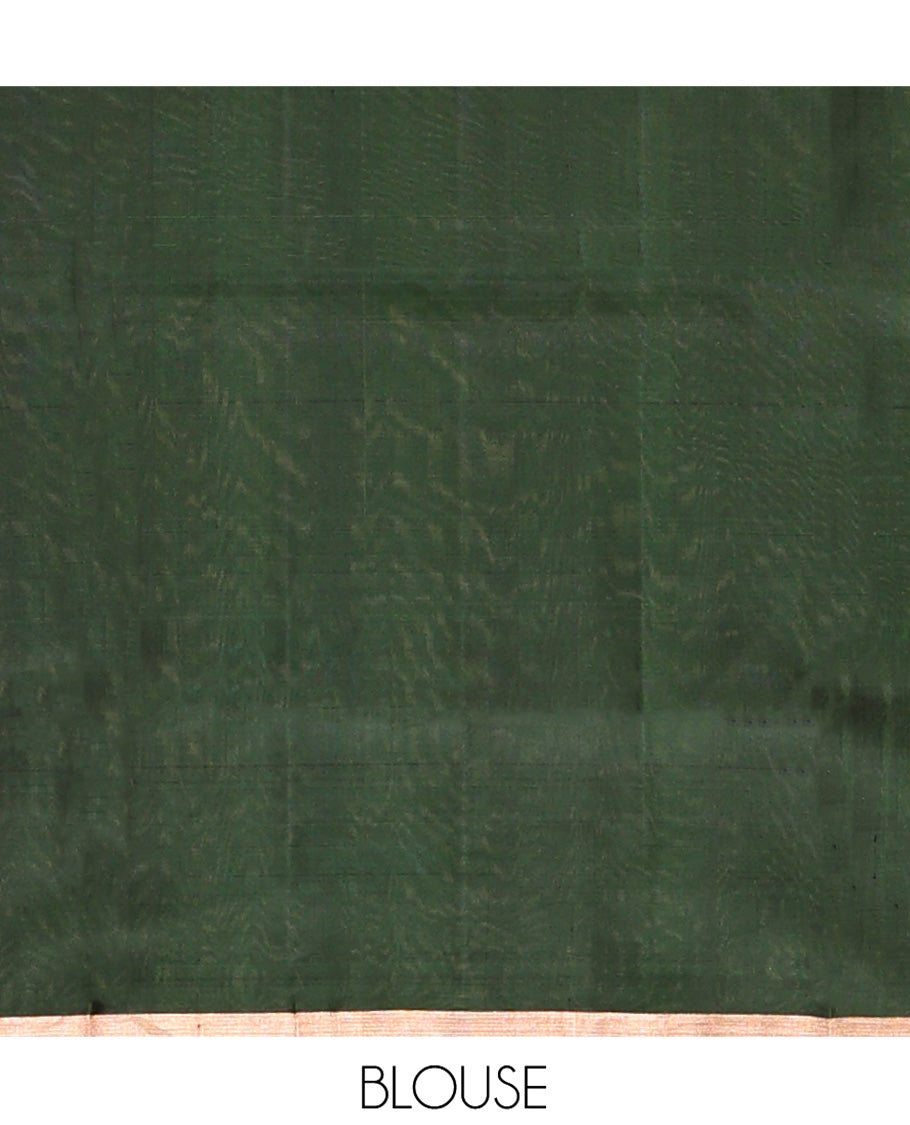 Green Mayuri Soft Silk Saree, Mesmerized with Neli, and Muthu Designs All Over Its Body, Highlighted by Zari Border of Peacock Designs, Boldly Accentuated Jaal Pallu, and Paired with a Matching Blouse