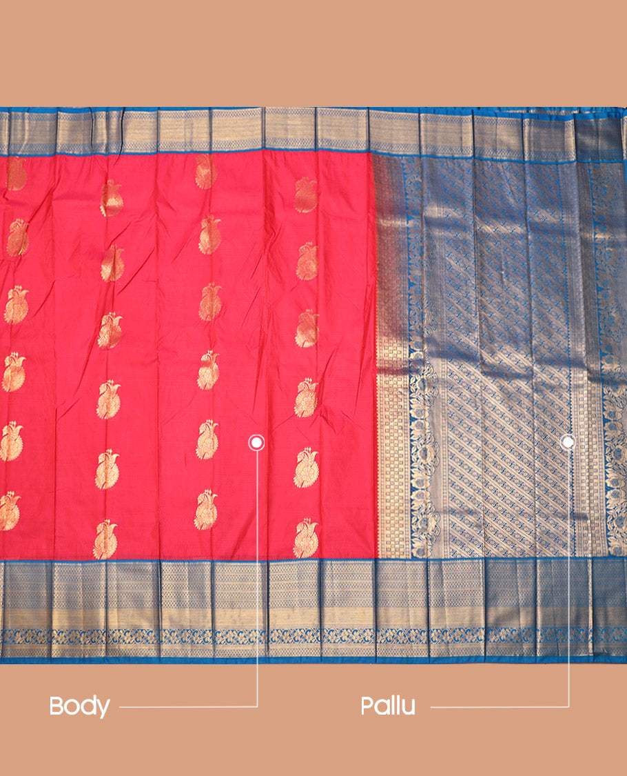 Red Budget Silk Saree, Spotlighted with Zari Buttas, Complemented by a Contrast Traditional Zari Border, Grand Pallu, and a Contrast Blouse