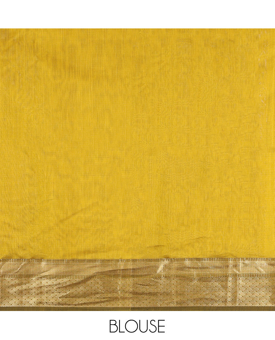 Yellow Maheshwari Cotton Saree, Bedecked with Zari Buttas, a Contrast Traditional Zari Border, Zari Striped Pallu, and a Matching Blouse