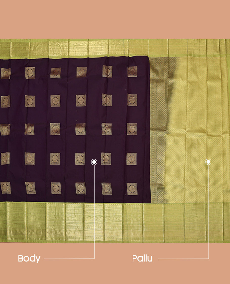 Brown Budget Silk Saree, Majestically Detailed with Zari Buttas, Complemented by Contrast Traditional Zari Border, Jaal Pallu, and a Contrast Blouse