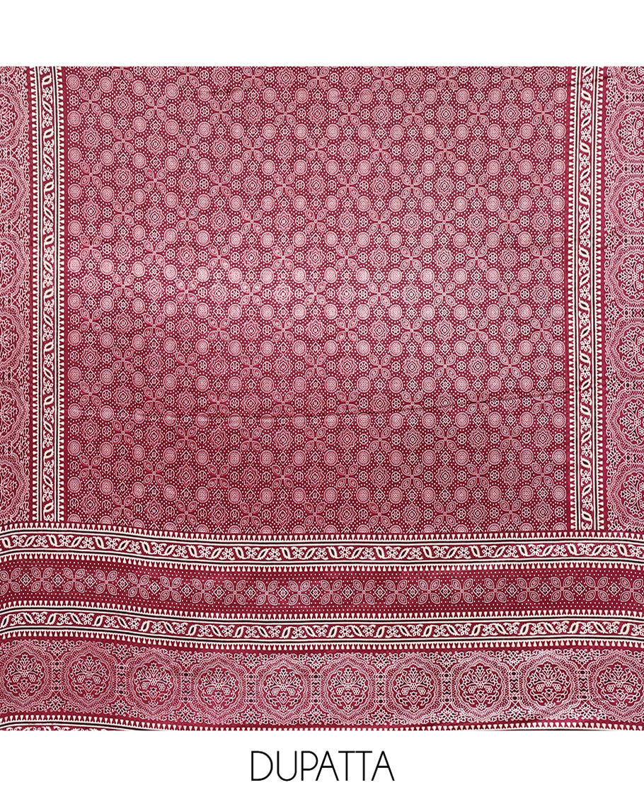 Magenta Material Chudidhar Set, Enriched with Ajrakh Patch Work and Mirror Work Vichitra Silk Top, Plain Santoon Bottom, and Chinon Silk Dupatta Featuring Intricate Ajrakh Prints