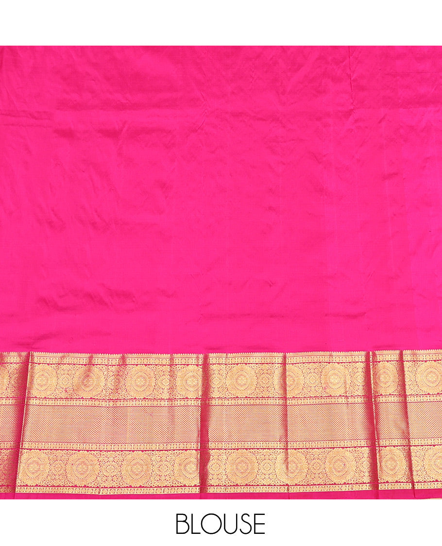 Brown Pure Silk Pavadai Material, Embellished with Zari Buttas on Its Skirt, a Contrast Traditional Zari Border, and a Contrast Blouse