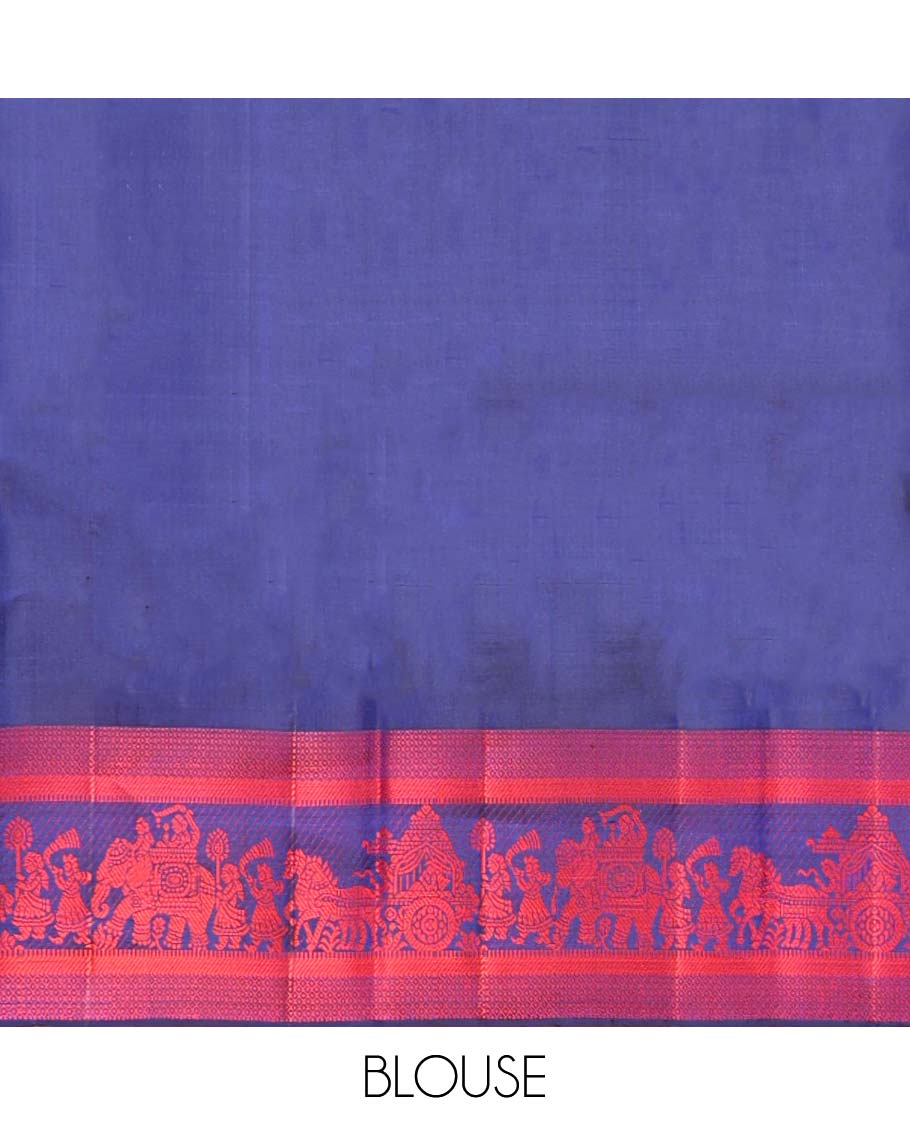 Blue buttas kancheepuram silk saree with contrast wedding design border & intricate checked, floral zari design pallu
