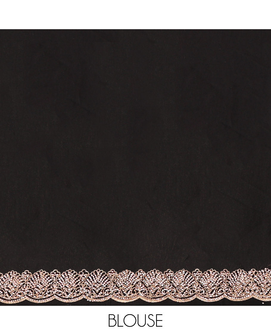 Black Designer Saree, Finely Crafted with Floral Jaal and Butta Embroidery, a Scallop Embroidered Border, and a Matching Blouse