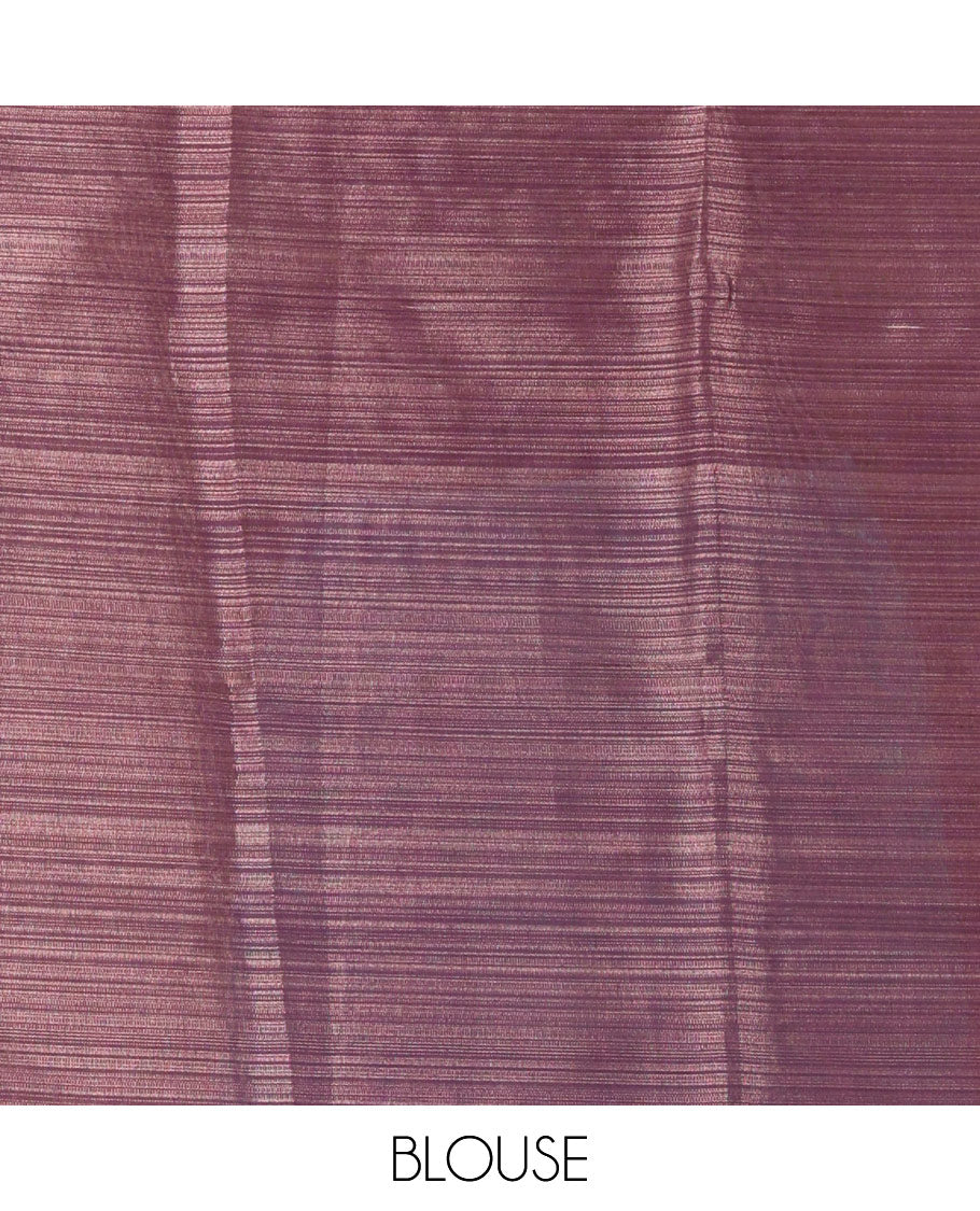 Cream-magenta Malayalam letter printed tissue saree, self-border and pallu steeped with Malayalam letter motifs, and a contrast plain blouse