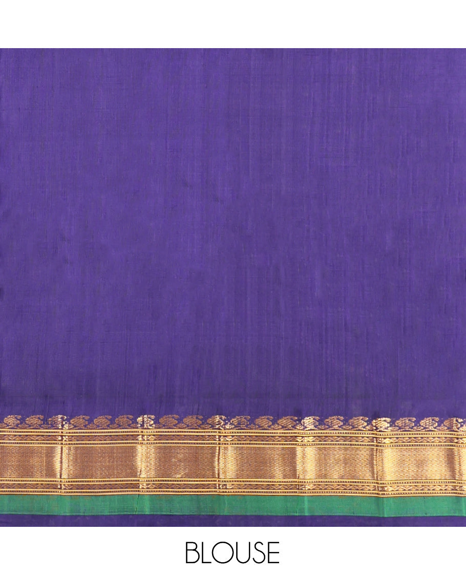 Orange Gadwal Silk Saree, Crafted with Buttas and Checks, Complemented by a Contrast Traditional Zari Temple Border, Grand Jaal Pallu, and a Contrast Blouse