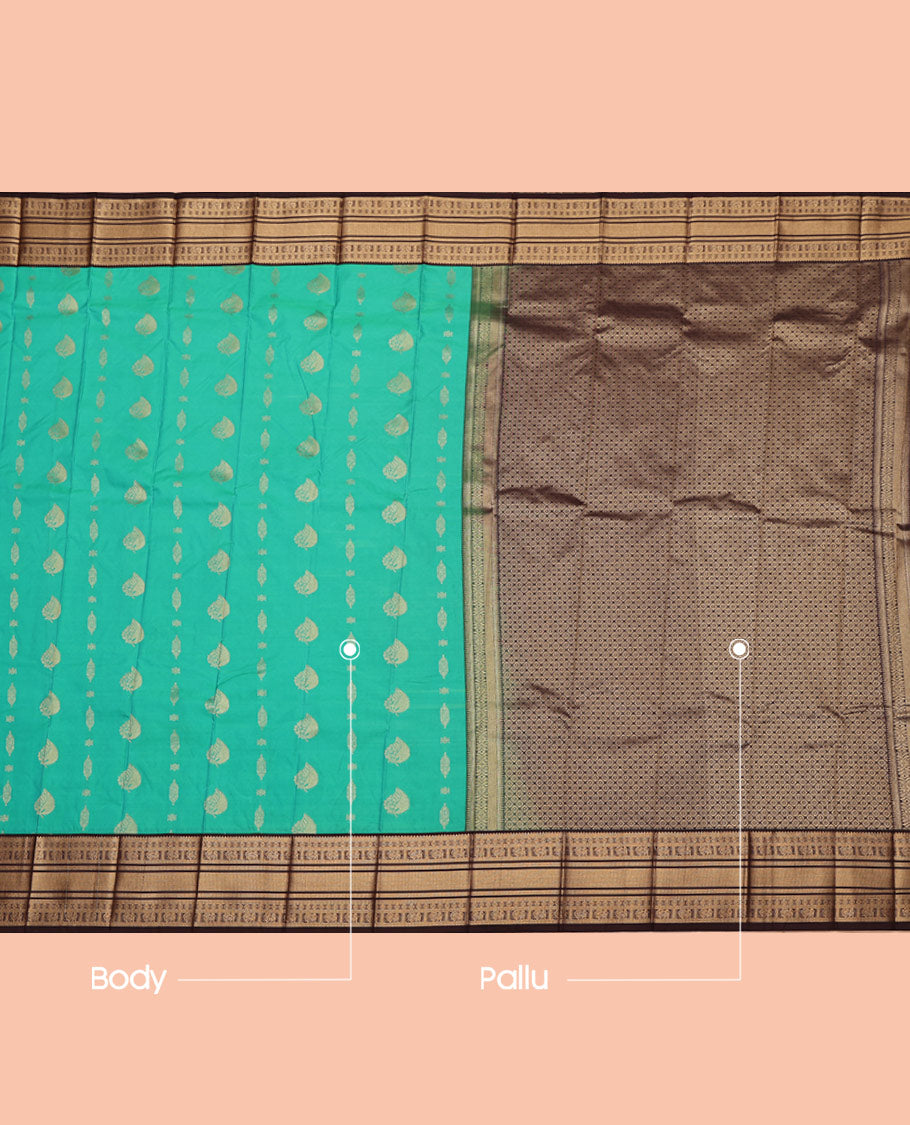 Green Budget Silk Saree, Spotlighted with Leaf Zari Buttas All Over Its Body, Complemented by a Contrast Traditional Zari Design Border, Grand Pallu, and Paired with a Contrast Blouse
