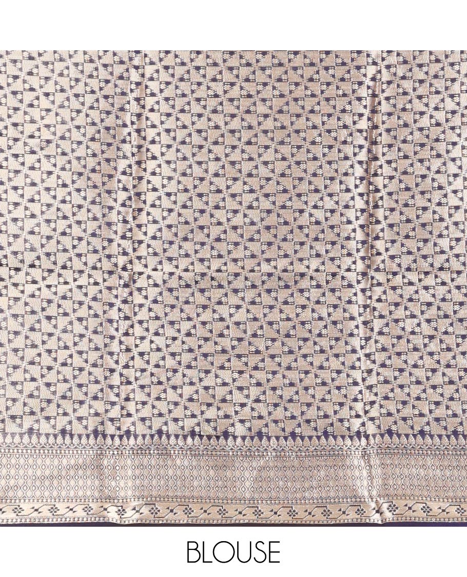 Blue Dupion Silk Saree, Accentuated with Rangkat-Style Mughal Designs, a Contrast Traditional Zari Border, Ogee Pallu, and a Contrast Blouse