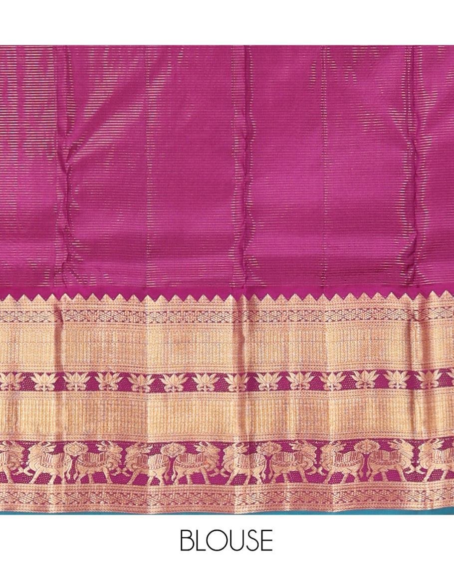Pink Vasundhara Silk Saree, Gleamed Up with Pichwai Cow and Lotus Buttas, a Contrast Border of Rekku, Mayil Kann, Vanki, Lotus, and Cow Designs, Grand Pallu, and a Contrast Blouse