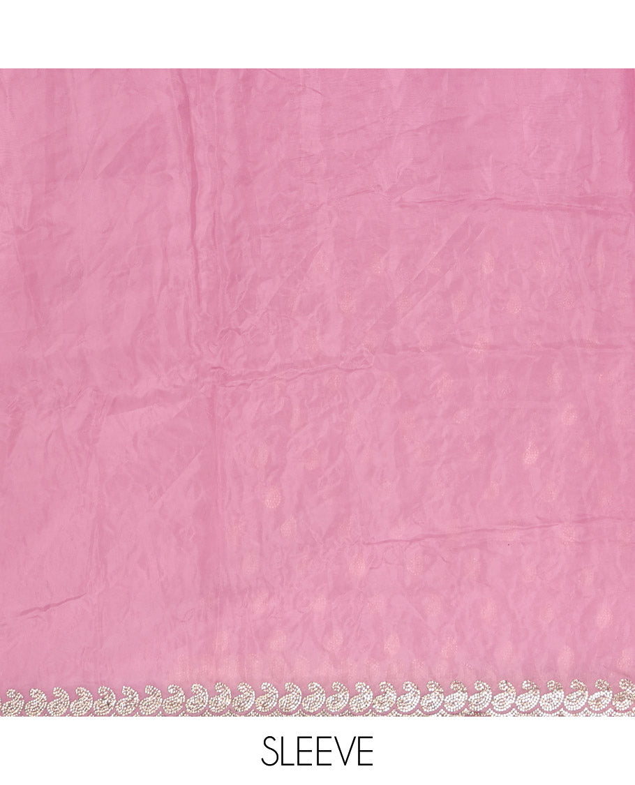 Pink Designer Saree, Prettified with Paisley Stone Work, Scallop Stone Work Border, a Self-Pallu, and a Matching Blouse