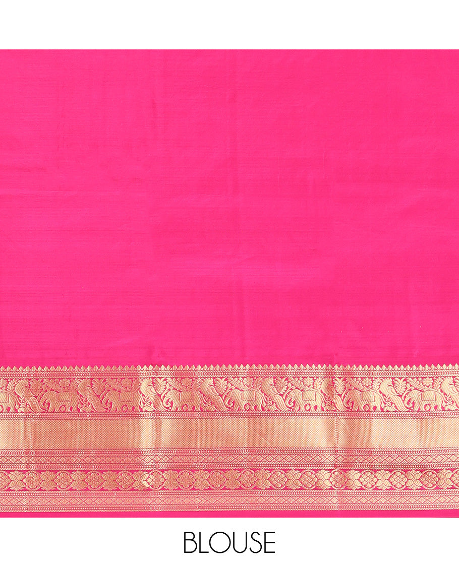 Orange Vasundhara Silk Saree, Entralled with Zari Buttas All Over Its Body, Complemented by Contrast Border of Mayil, Yaanai, Diamond and Floral Designs Grand Jaal Pallu and Paired with a Contrast