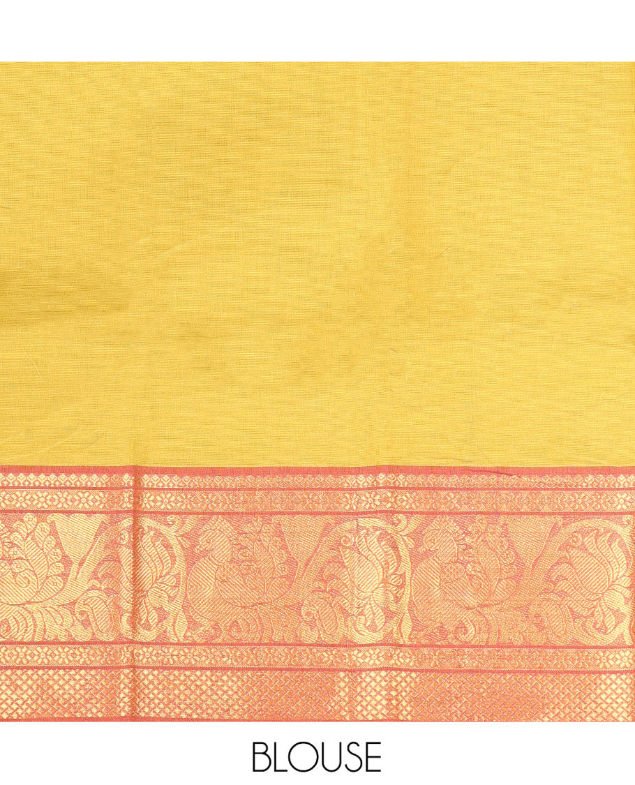 Green Plain Chettinad Cotton Saree, Complemented by a Contrast Traditional Zari Border of Peacocks, Pallu of Stripes, and Paired with a Matching Blouse