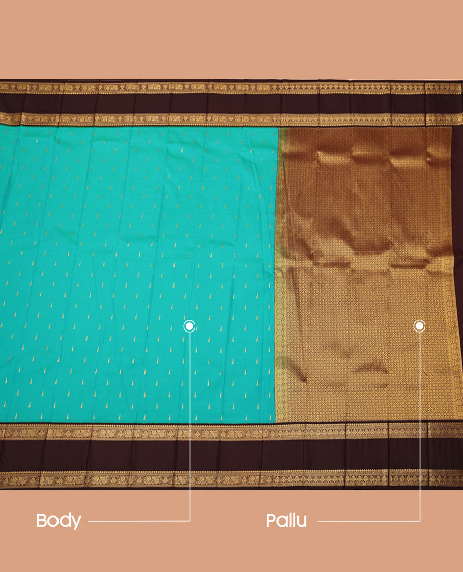 Blue Budget Silk Saree, Embellished with Temple Zari Buttas All Over Its Body, Complemented by a Contrast Traditional Zari Design Border, Pallu of Jaal Design, and Paired with a Contrast Blouse