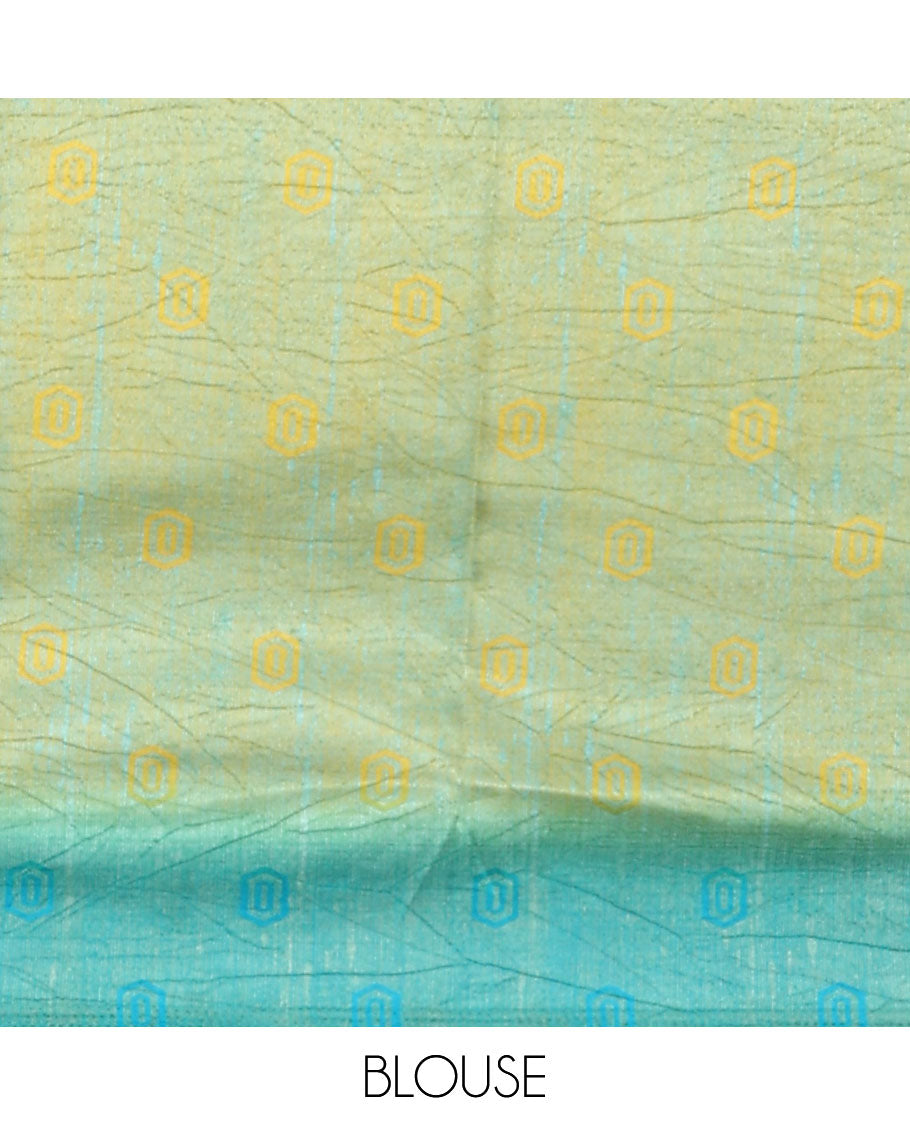 Yellow discharge print crackle silk saree with contrast border & discharge negetive print blouse