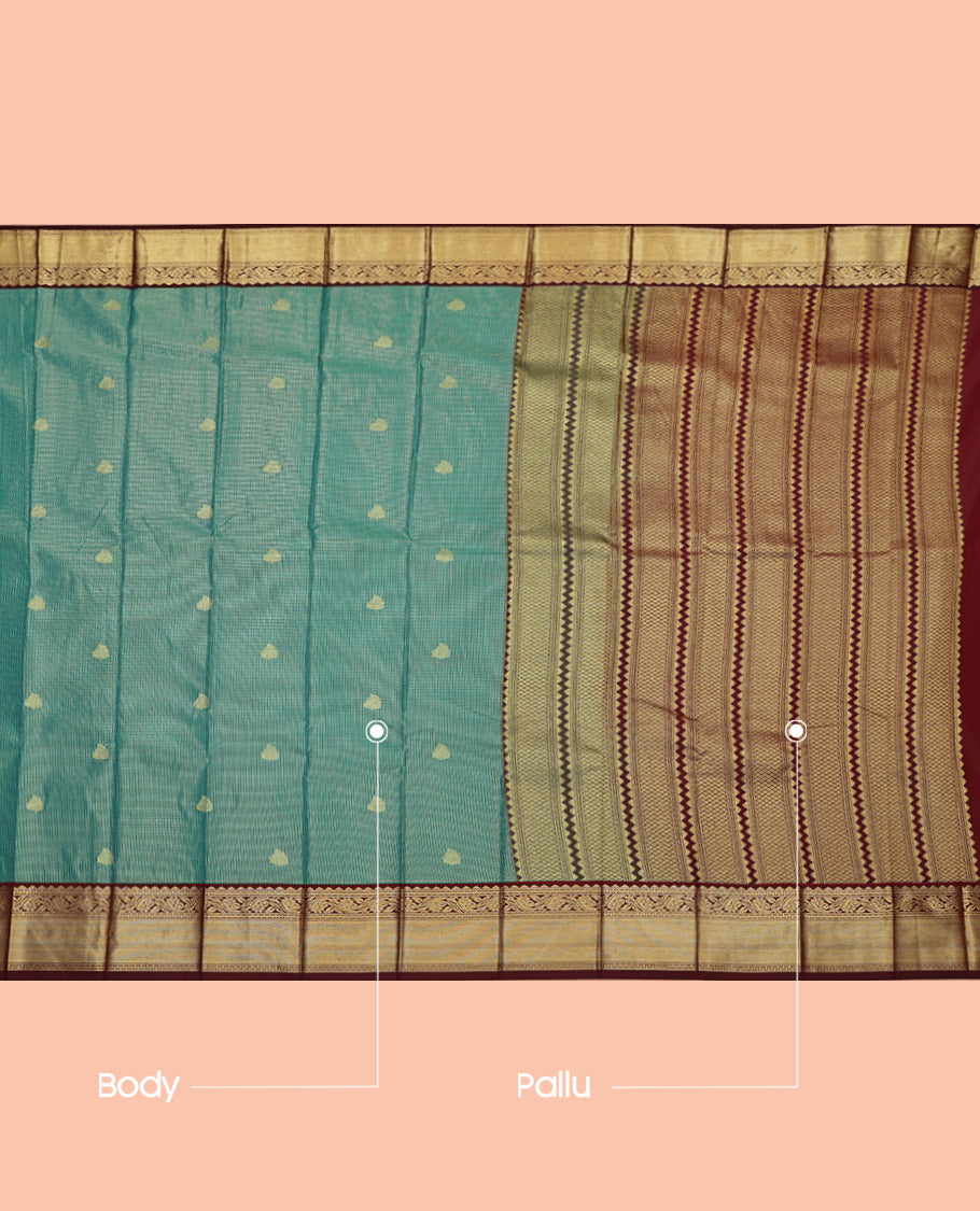Green Budget Silk Saree, Adorned with Zari Buttas and Checks, Complemented by a Contrast Traditional Zari Border, Geometric Pallu, and a Contrast Blouse