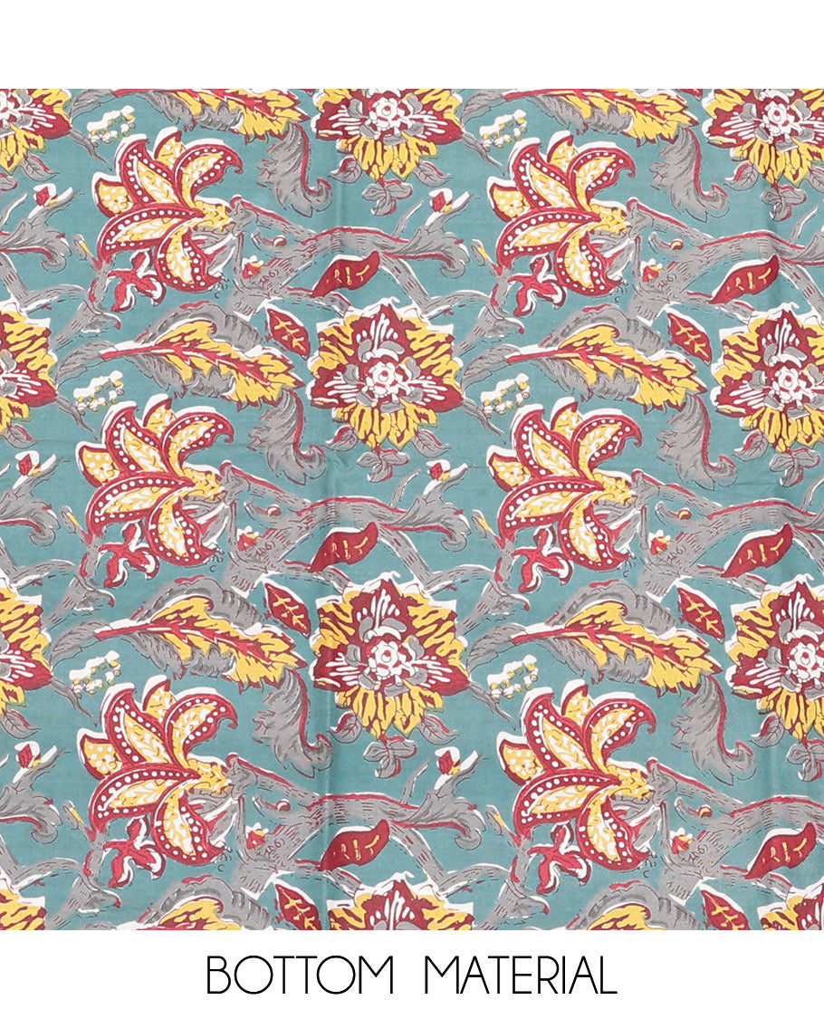 Blue Cotton Material Churidar Set, Decked Up with Floral Print and Embroidery Top, Floral Bottom, and a Printed Dupatta