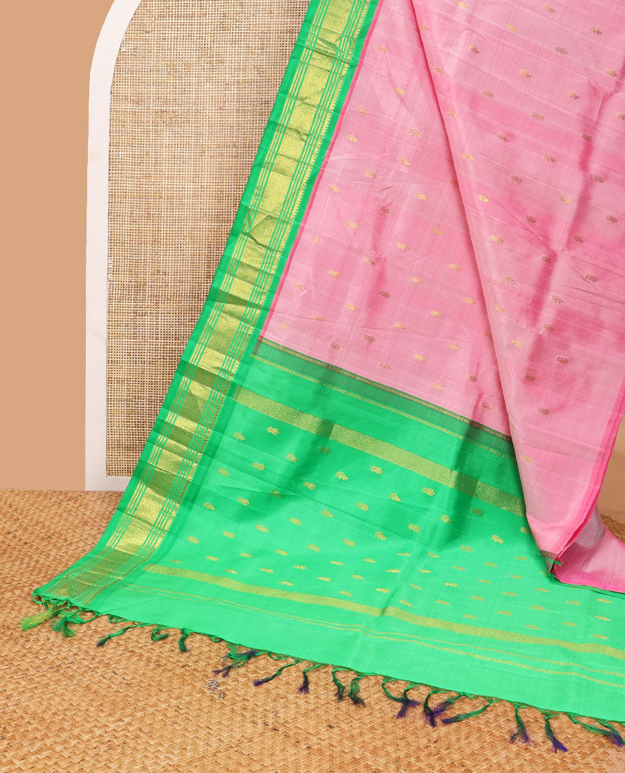 Pink buttas kancheepuram silk saree with contrast korvai border of thilakam mooku, banaras, muthu design & zari design pallu