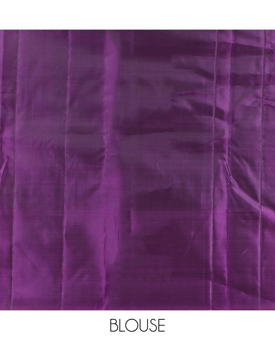 Off-White Kanchipuram Silk Saree, Sparsely Woven with Stripes, Complemented by a Contrast Border Features Yaanai, Maan, and Iruthalai Pakshi, Jaal Pallu, and a Contrast Blouse