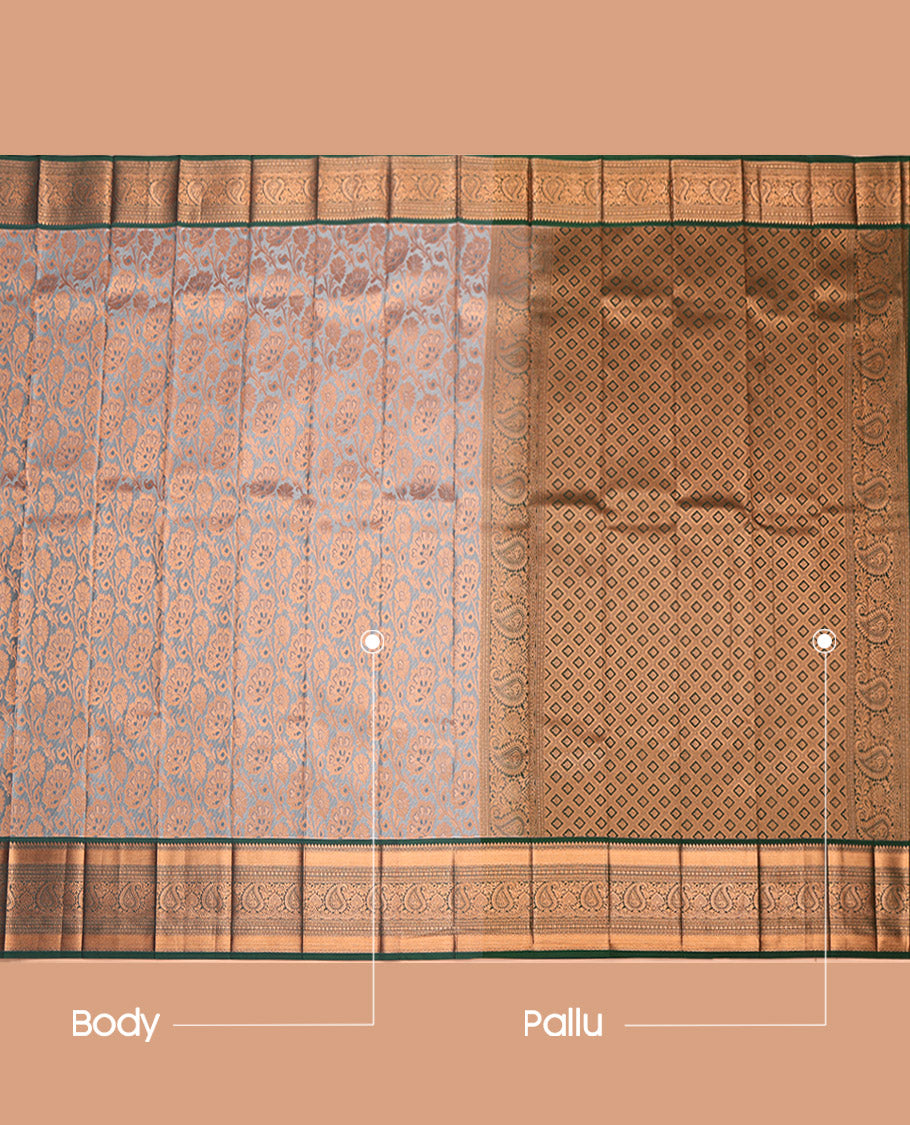 Grey Budget Silk Saree, Enriched with Jacquard, a Contrast Traditional Zari Border, Grand Pallu, and a Contrast Blouse