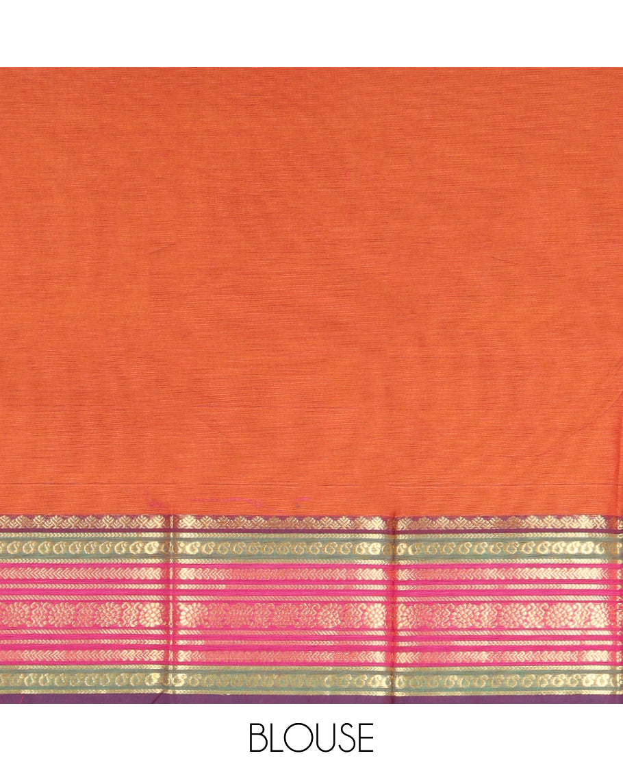 Rust Plain Chettinad Cotton Saree, Complemented by a Contrast Traditional Zari Design Border, Pallu of Stripes, and Paired with a Matching Blouse