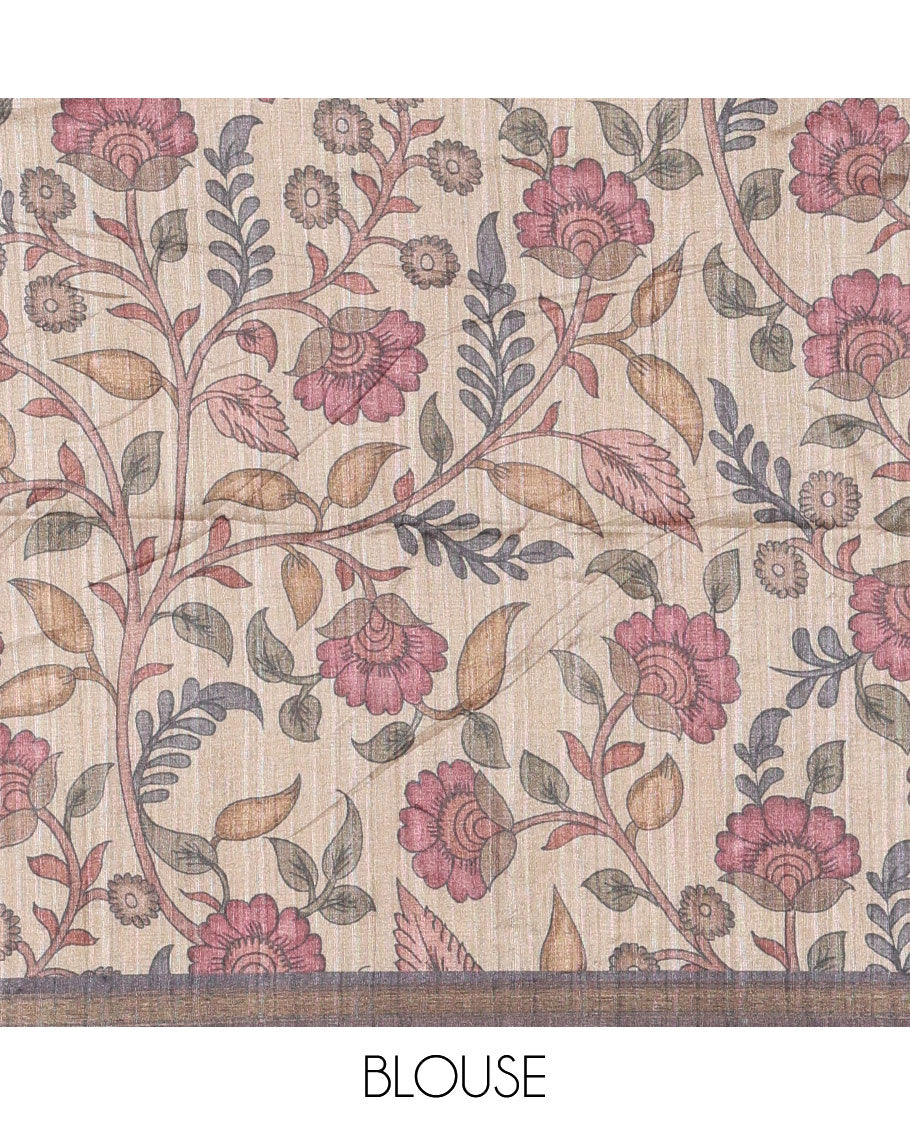 Grey circle abstract printed fancy tussar saree, tissue border, pallu of kalamkari peacock print, and kalamkari floral printed blouse