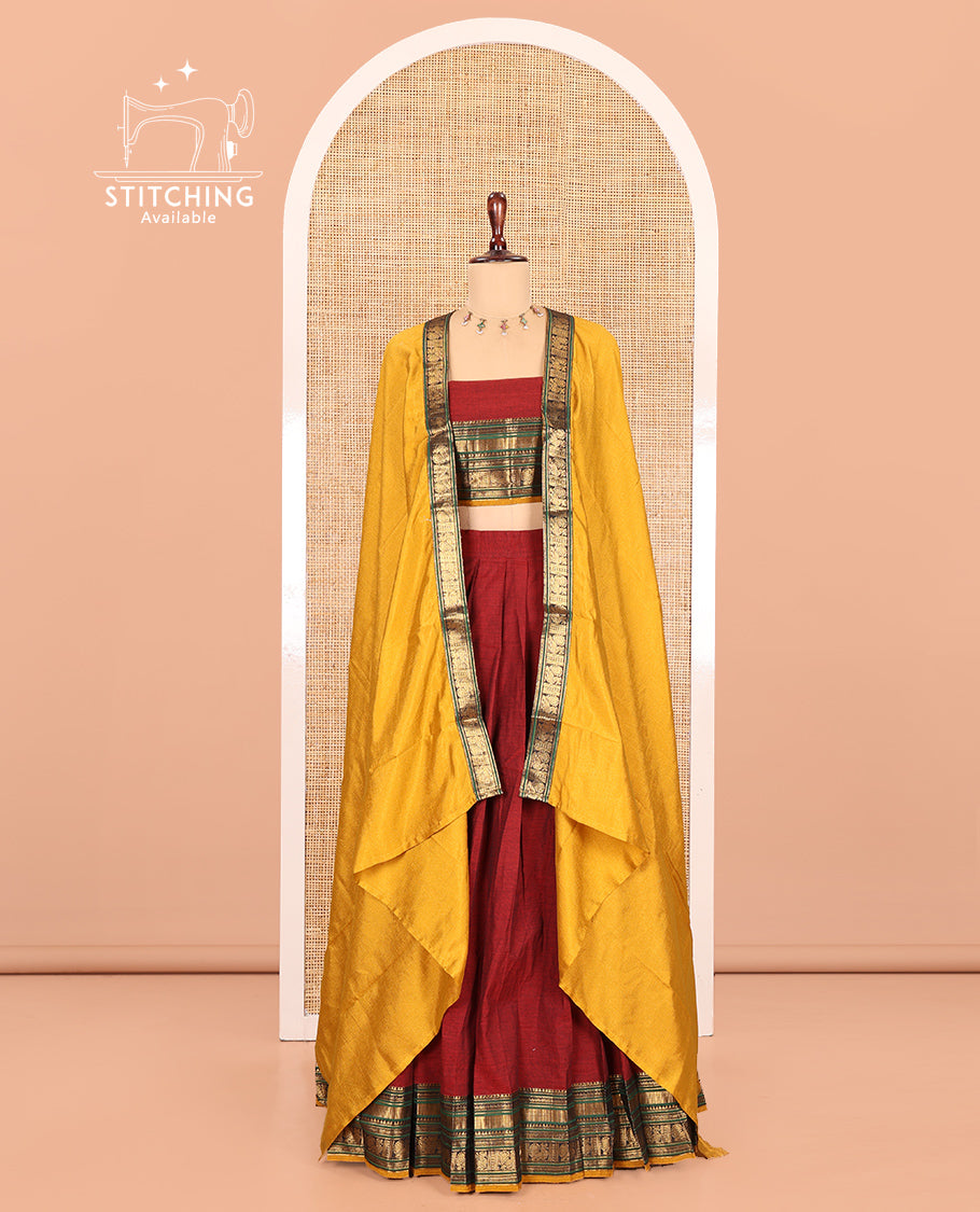 Red-Yellow Chettinad Cotton Half-Saree, Contrast Traditional Annam Bordered Skirt, Matching Blouse, and a Contrast Dhavani