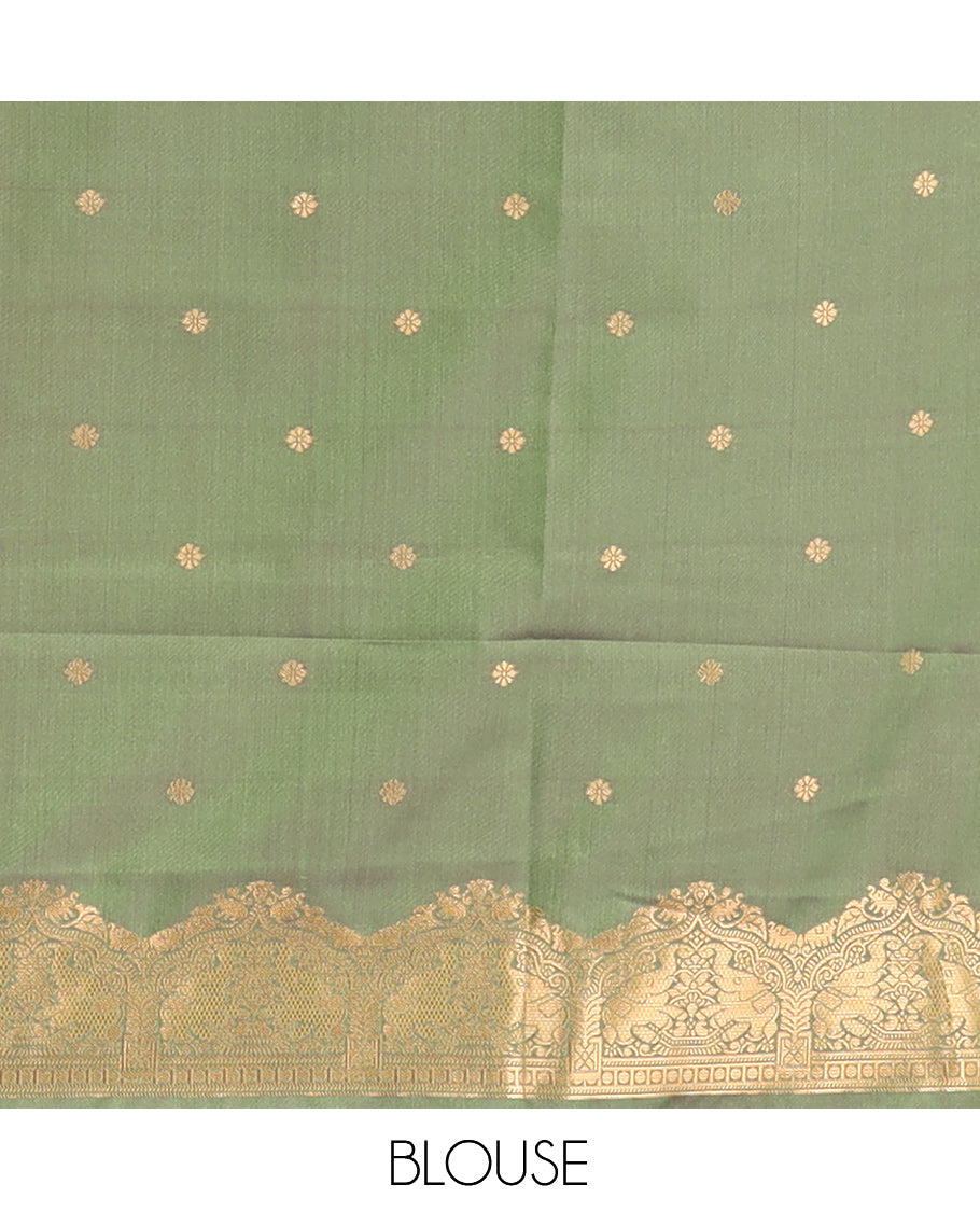 Leaf Green Zari Buttas Soft Silk Saree, Animal Motif Zari Border, Grand Pallu, Matching Blouse