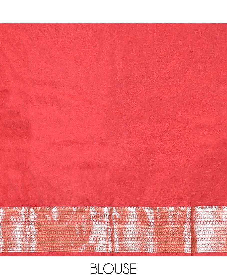 Orange Budget Silk Saree, Graced with Zari Buttas, Complemented by a Contrast Traditional Zari Border, Jaal Pallu, and Contrast Blouse