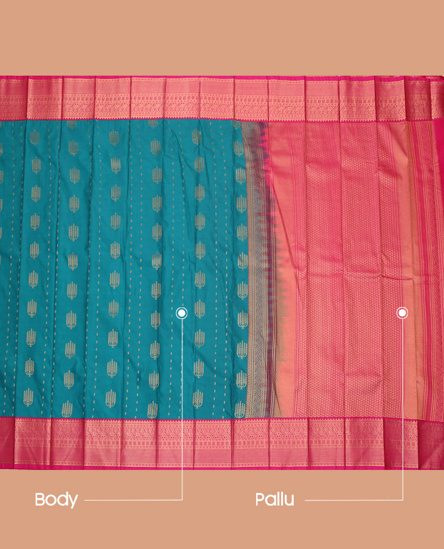 Blue Budget Silk Saree, Embellished with Zari Buttas, a Contrast Traditional Zari Border, Grand Pallu, and a Contrast Blouse