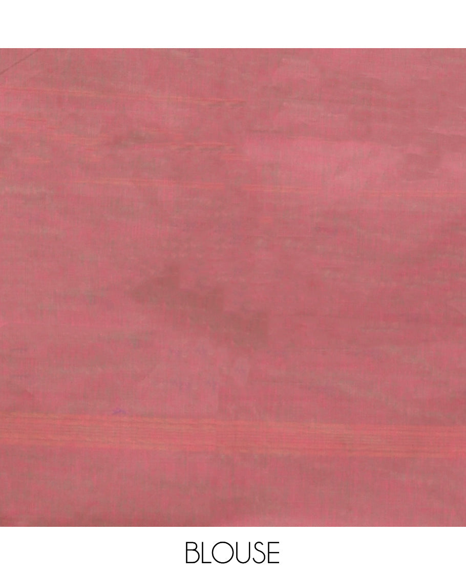 Pink Dual-Toned Chettinad Cotton Saree, Steeped with Muniya Buttas On Its Body, Complemented by a Contrast Traditional Muniya Border, Pallu of Stripes, and Paired with a Matching Blouse