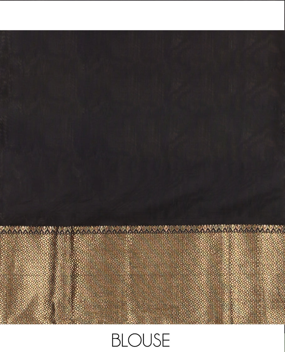 Grey Maheshwari Cotton Saree, Adorned with Buttas, Highlighted by a Traditional Zari Border, Pallu Gleamed Up with Zari Buttas, and a Contrast Blouse