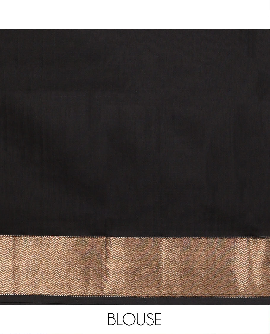 Black Maheshwari Cotton Saree, Spotlighted by Buttas All Over Its Body, Highlighted by a Traditional Zari Border of Chevron Stripes, Pallu of Chevron Stripes, and Paired with a Matching Blouse