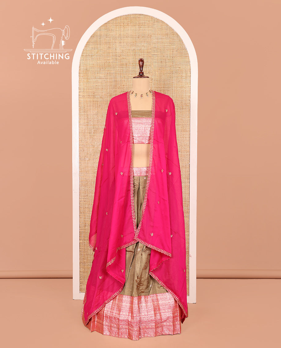 Gold-Rani Pink Banarasi Silk Half-Saree Features Buttas Skirt, Contrast Traditional Border, Matching Blouse, Contrast Embroidered Dhavani