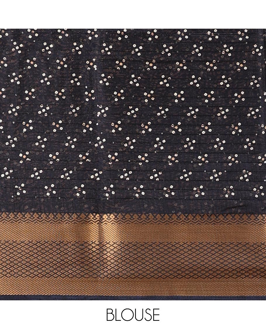 Black all-over bandani print dola silk saree with contrast copper thread gatt border & bandhani print blouse