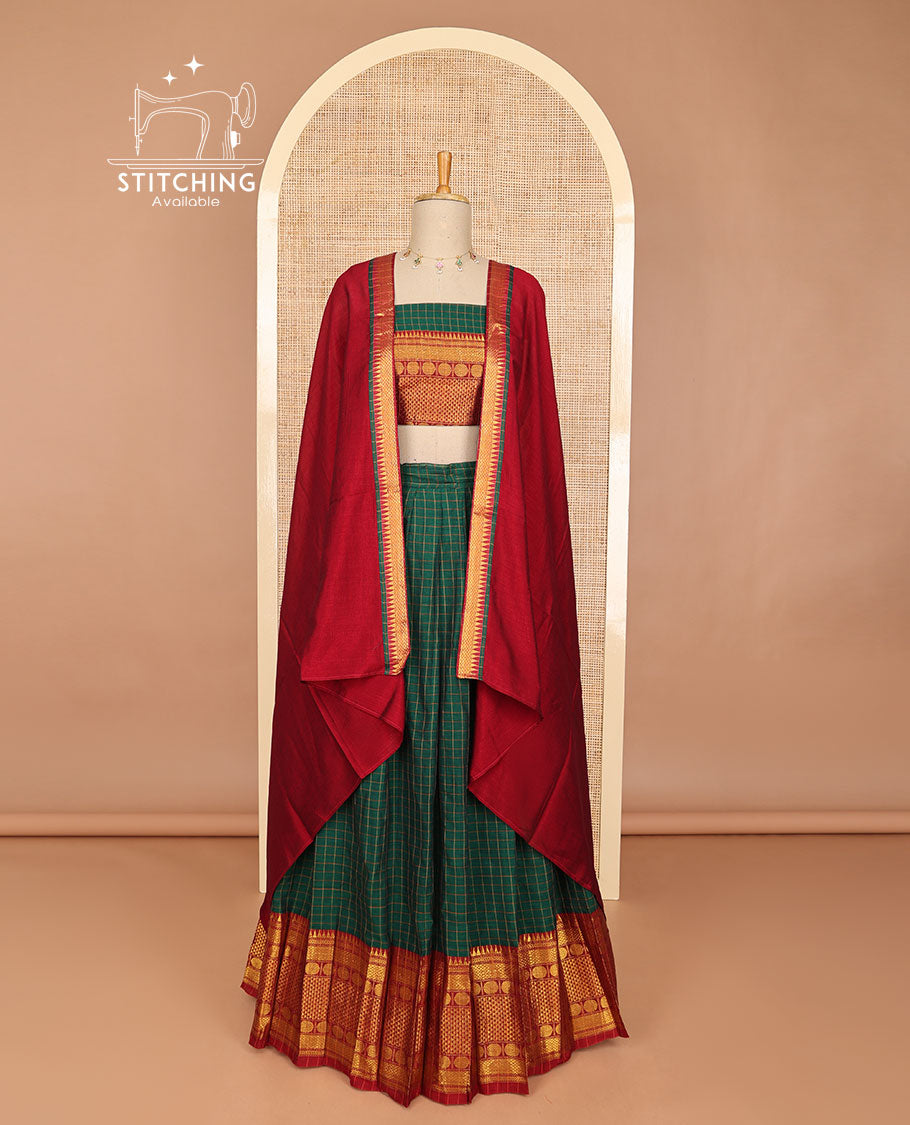 Dark green checked half saree with contrast zari design border, zari design blouse & plain, zari design border dhavani