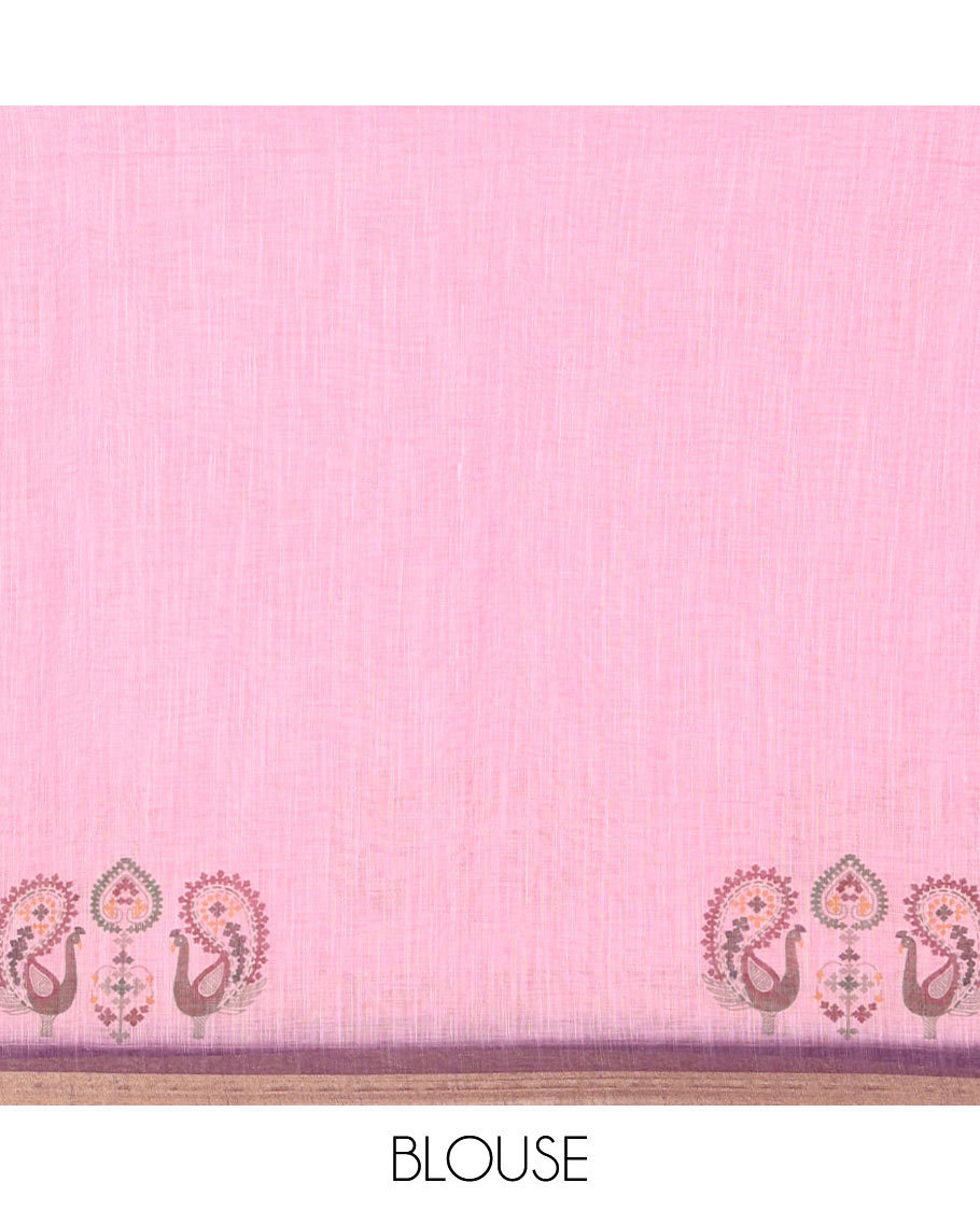 Pink buttas with mirror work linen saree, zari border with peacock motifs print, printed mirror work pallu, and matching blouse