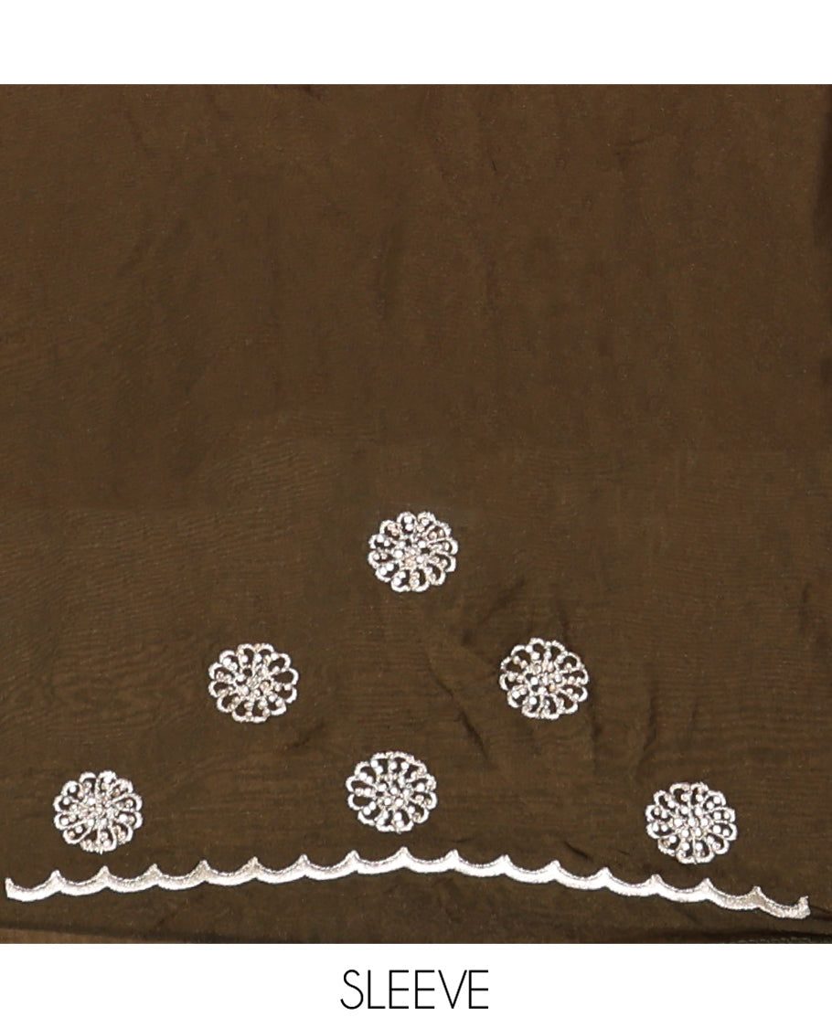 Brown Designer Saree, Prettified with Floral Embroidery, Scallop-Embroidered Border, and Matching Embroidered Blouse