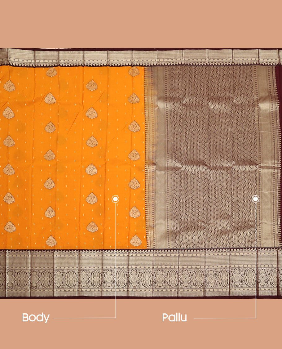 Orange Budget Silk Saree, Mesmerized with Buttas All Over Its Body, Complemented by a Contrast Traditional Zari Design Border, Grand Pallu of Jaal Design, and Paired with a Contrast Blouse