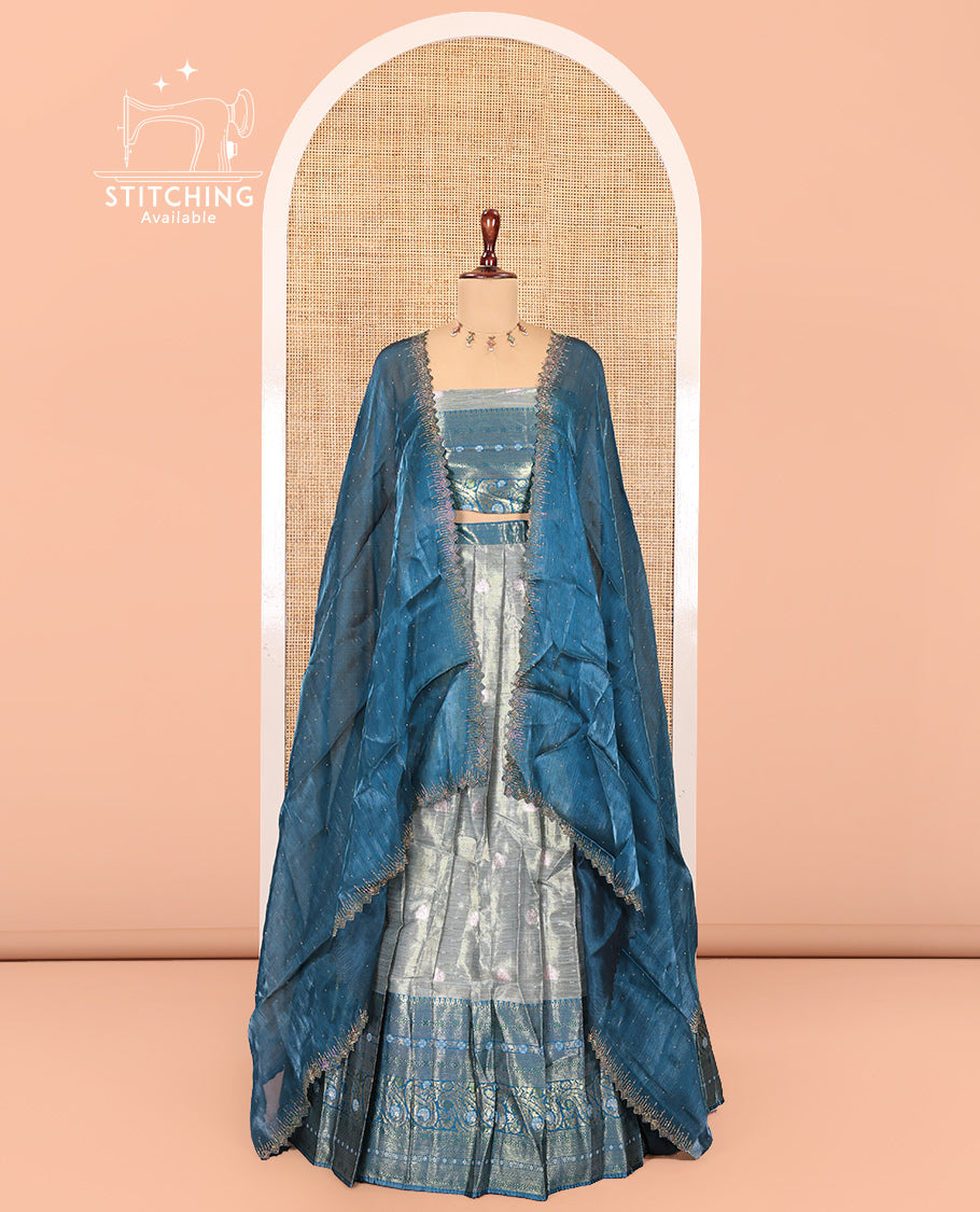 Grey-Peacock Blue Banarasi Half-Saree Features Buttas Skirt, Contrast Traditional Border, Matching Blouse, and Burberry Stonework Dhavani