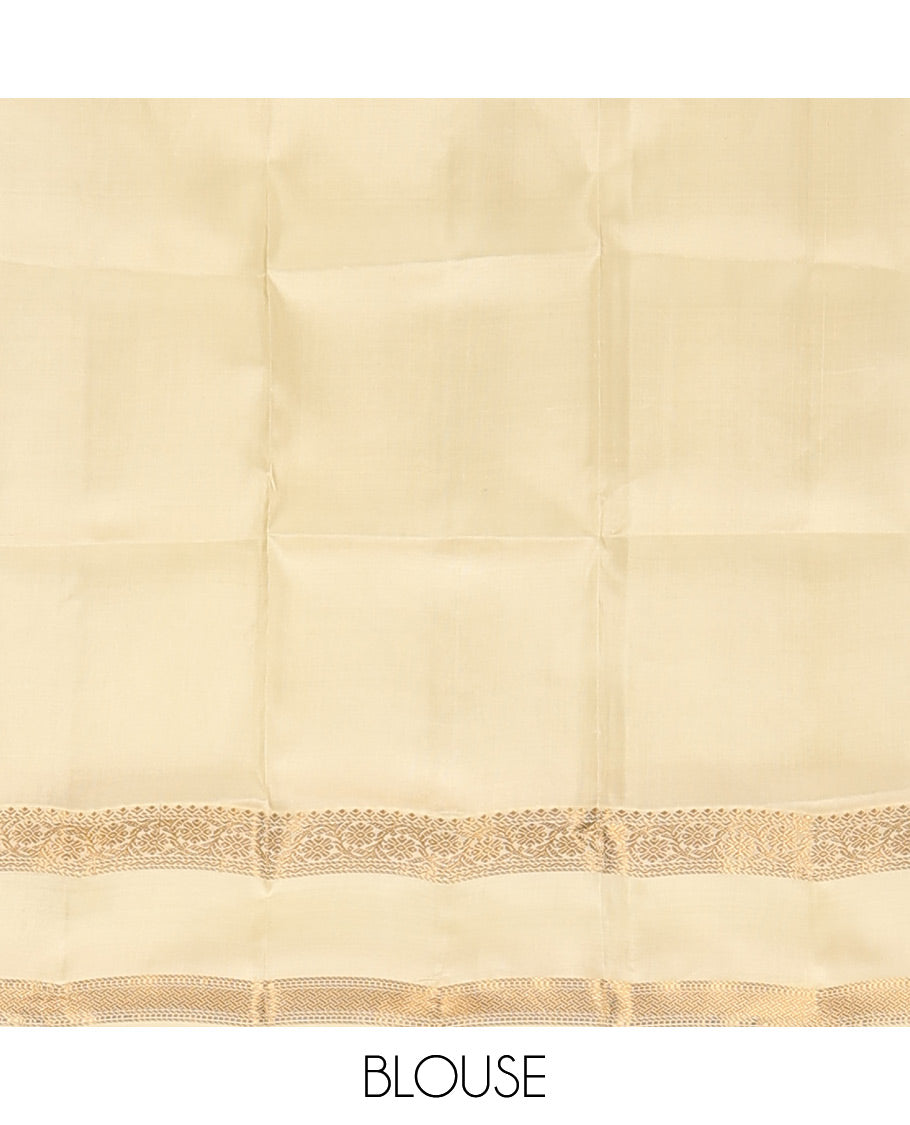 Mustard-Off-White Zari Striped Vasundhara Silk Saree, Contrast Rettai Pettu Zari Border, Jaal Pallu, a Contrast Blouse