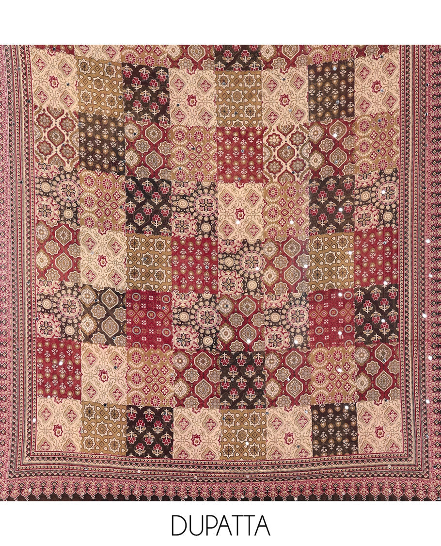 Wine Material Chudidhar Set, Enriched with Ajrakh-Style Print and Mirror Work Fox Georgette Top, Santoon Plain Bottom, and Georgette Dupatta of Ajrakh Print and Mirror Work