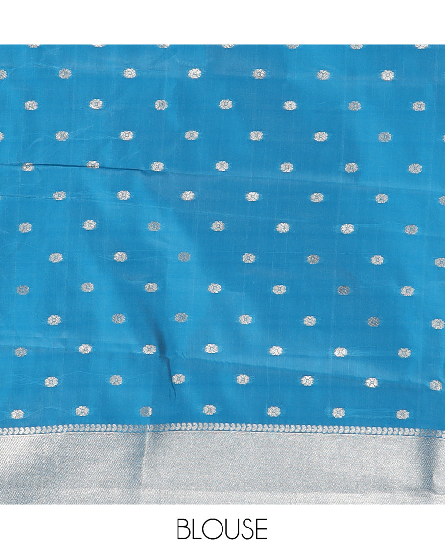 Off-White-Peacock Blue Semi-Silk Saree, Adorned with Floral Jacquard Design, a Zari Paisley Border, and a Contrast Blouse