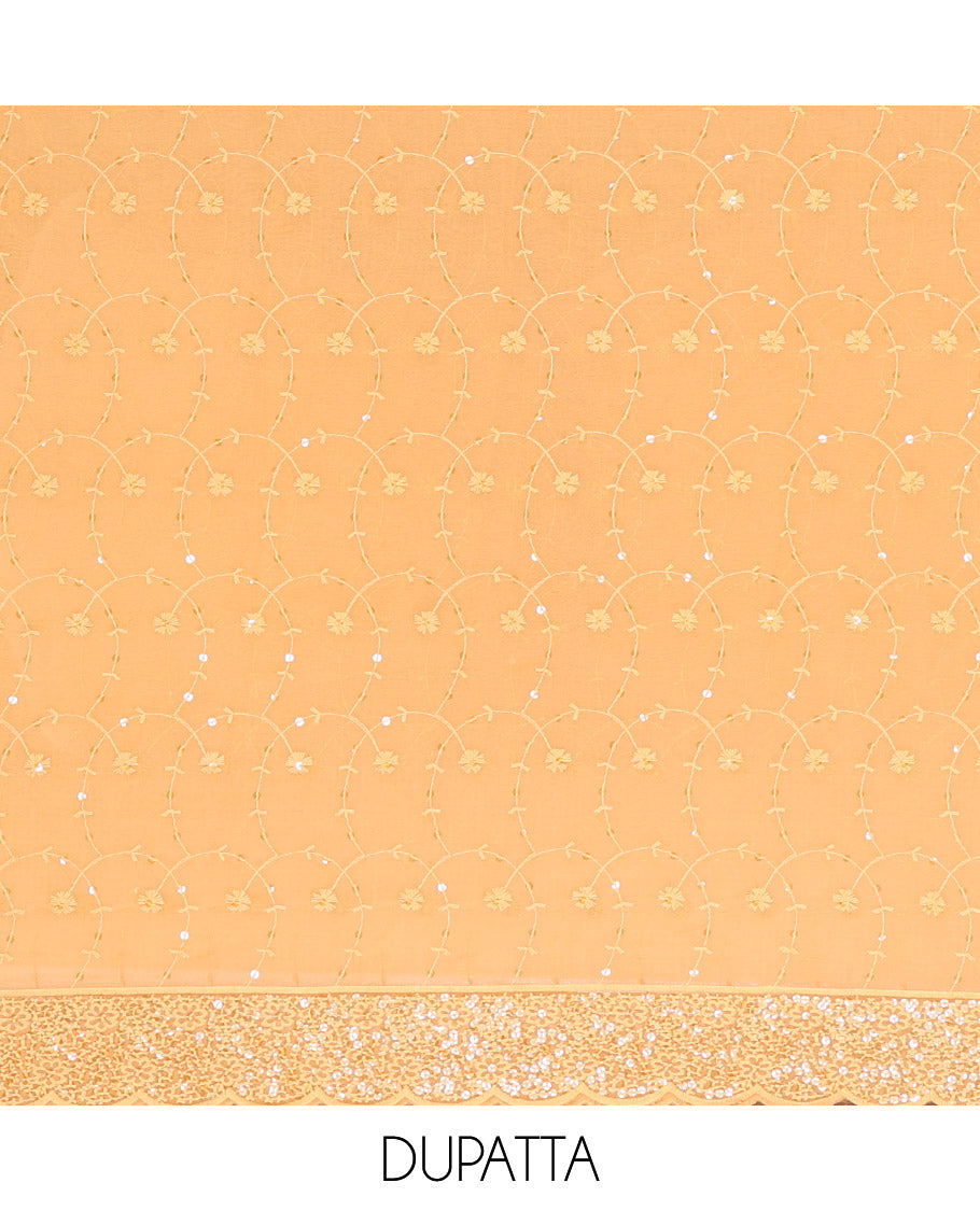 Golden Material Chudidar Set Features Sequin Embroidered Georgette Top, a Plain American Crepe Bottom, and a Scallop Dupatta Embellished with Floral Vine Embroidery