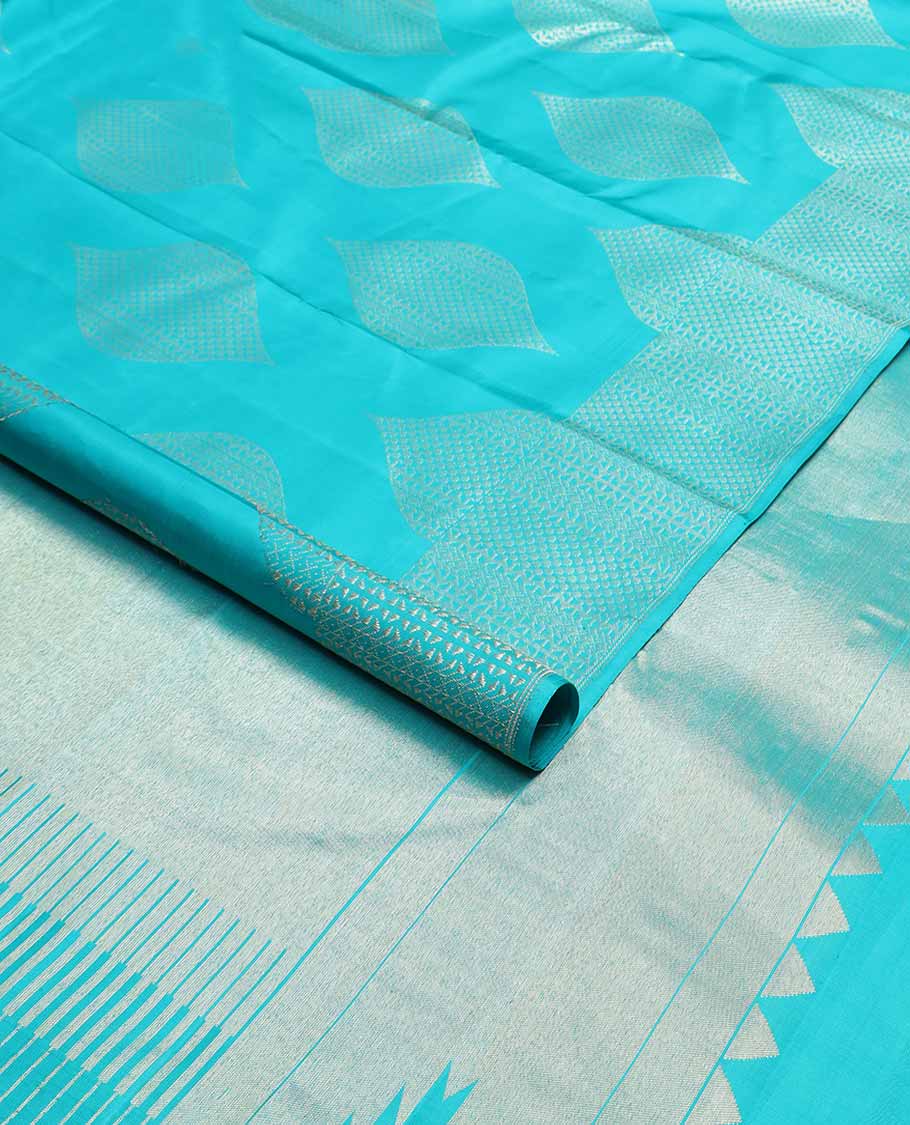 Light blue geometric design kancheepuram silk saree with self zari border & bhavanji pallu