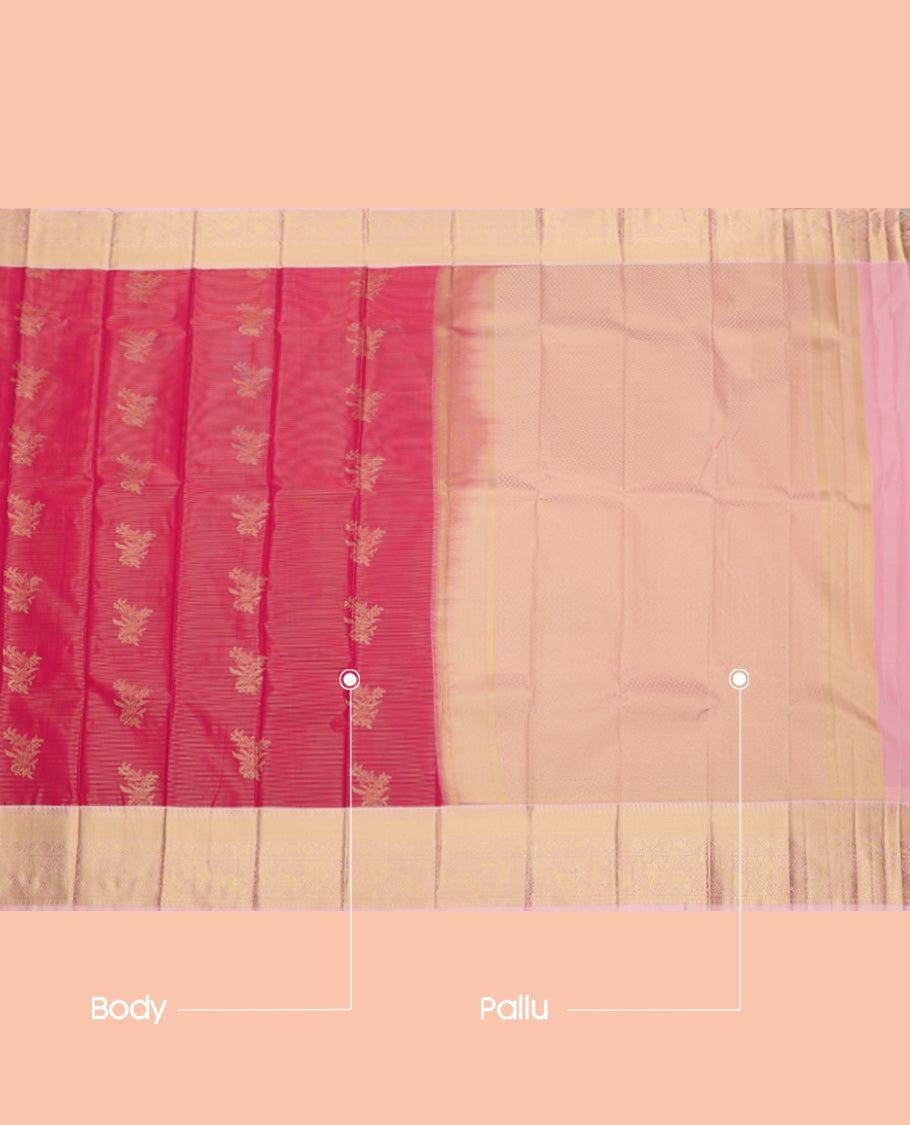 Pink Budget Silk Saree, Majestically Detailed with Zari Buttas and Stripes, Complemented by Contrast Traditional Zari Border, Grand Pallu, and a Contrast Blouse